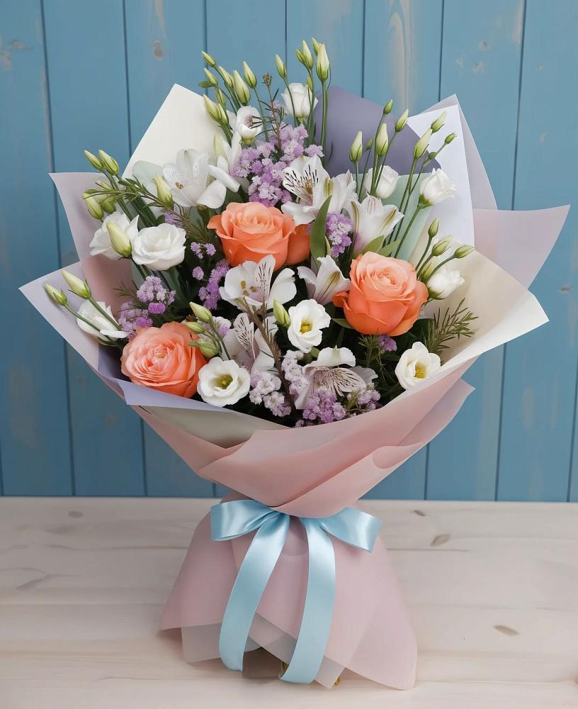 Букет цветов из: Лизиантусы, Розы, Альстромерии и Гипсофила в Дюртюли