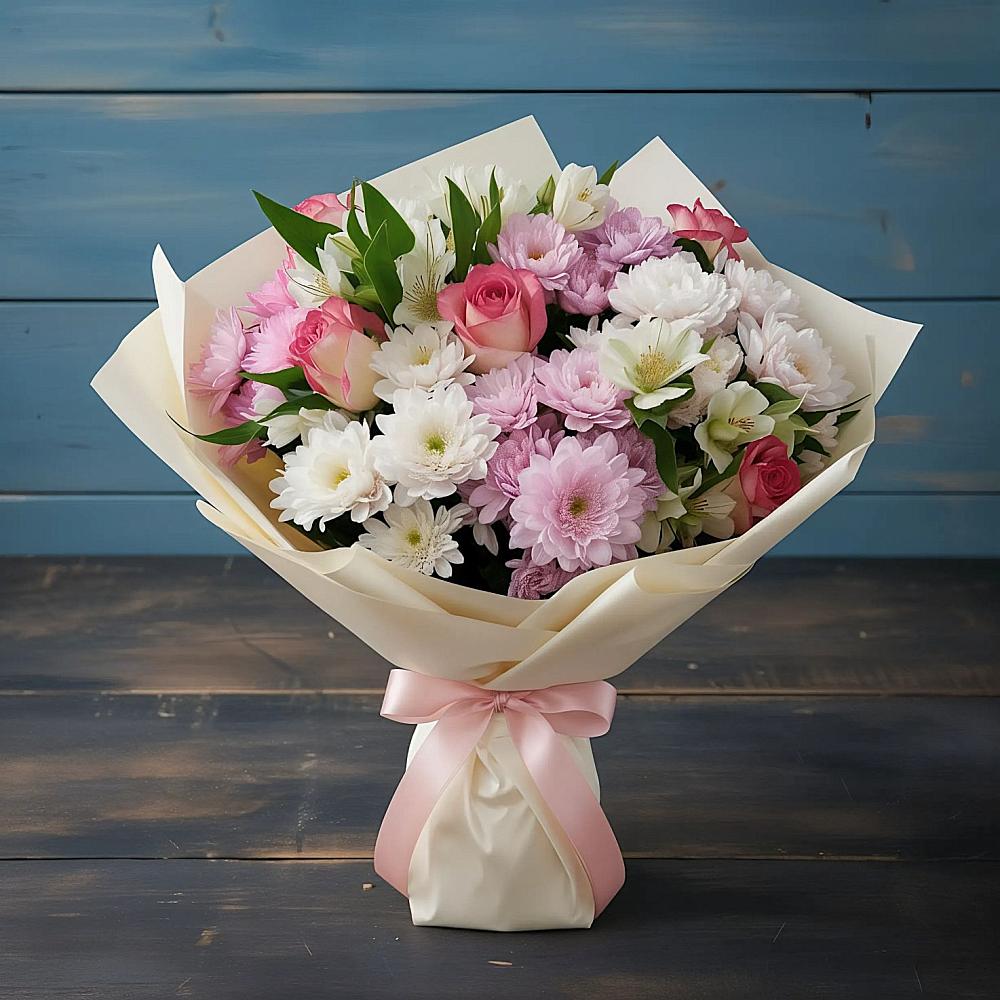 Букет цветов из: Хризантемы, Альстромерии и Розы в Дюртюли